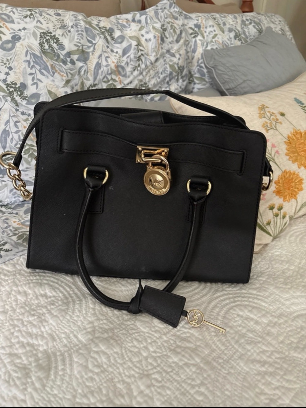 Michael Kors Black Leather Satchel with Gold Hardware